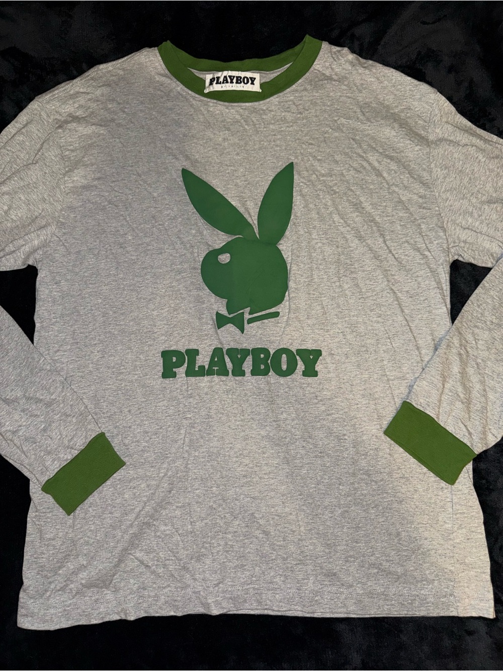 PLAYBOY Gray Long Sleeve Tee with Green Logo and Trim